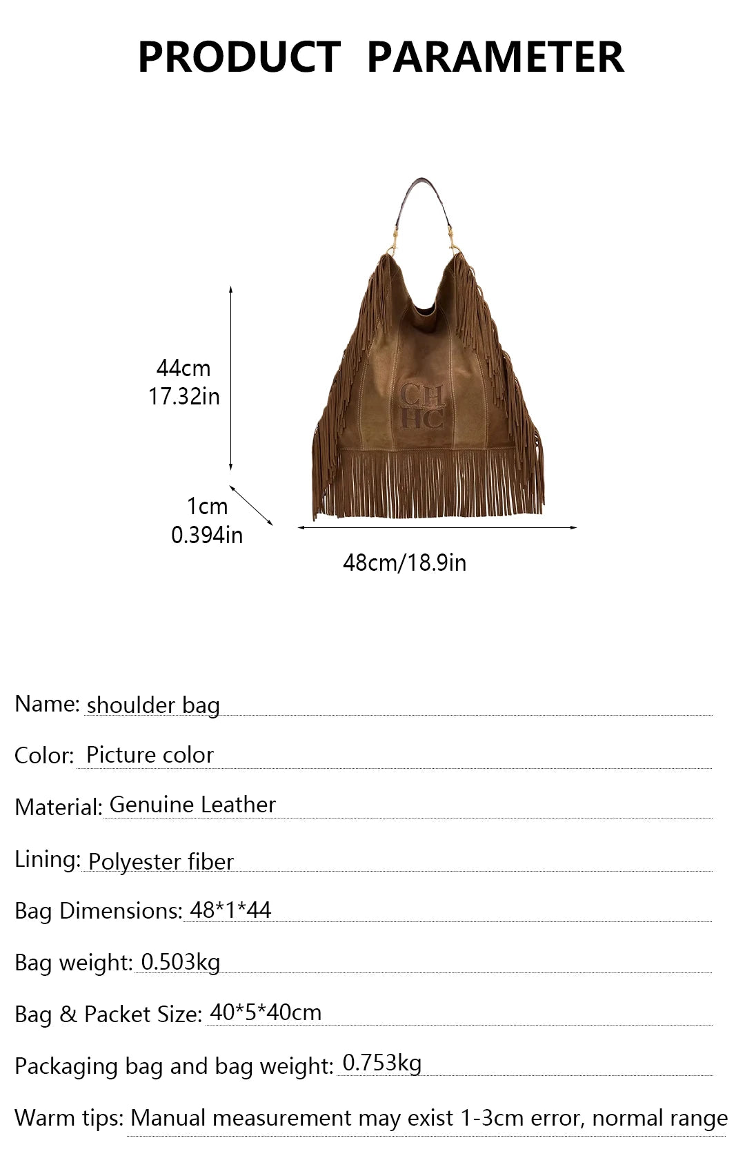 CH Leather Suede Fringe Hobo Bag Brown Large Capacity Tassel Shoulder Bag Retro Western Style Casual Handbag For Women Daily