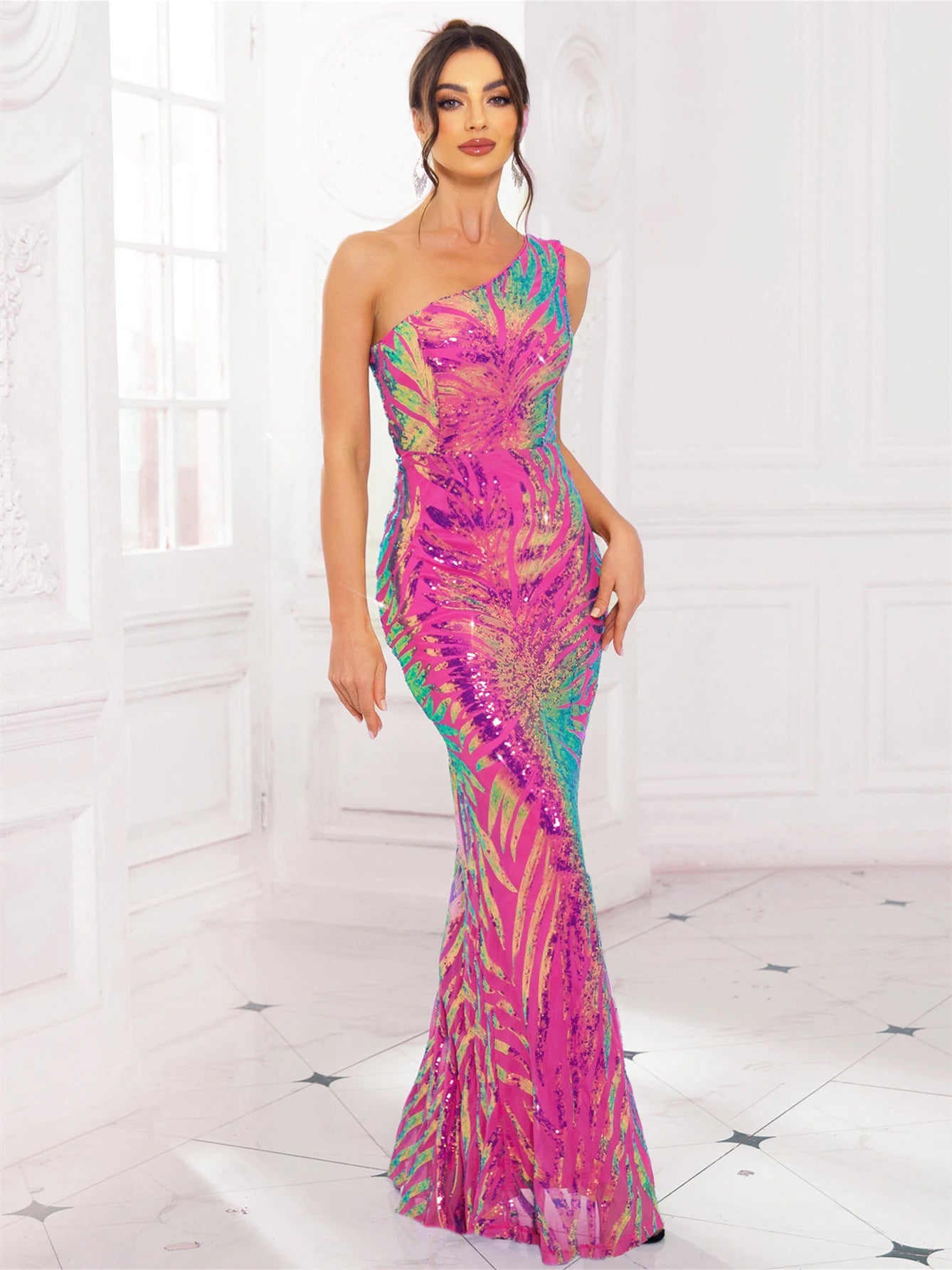 One Shoulder Sleeveless Stretchy Sequined Maxi Dress Evening Prom Night Gown Spring Summer Navy Green