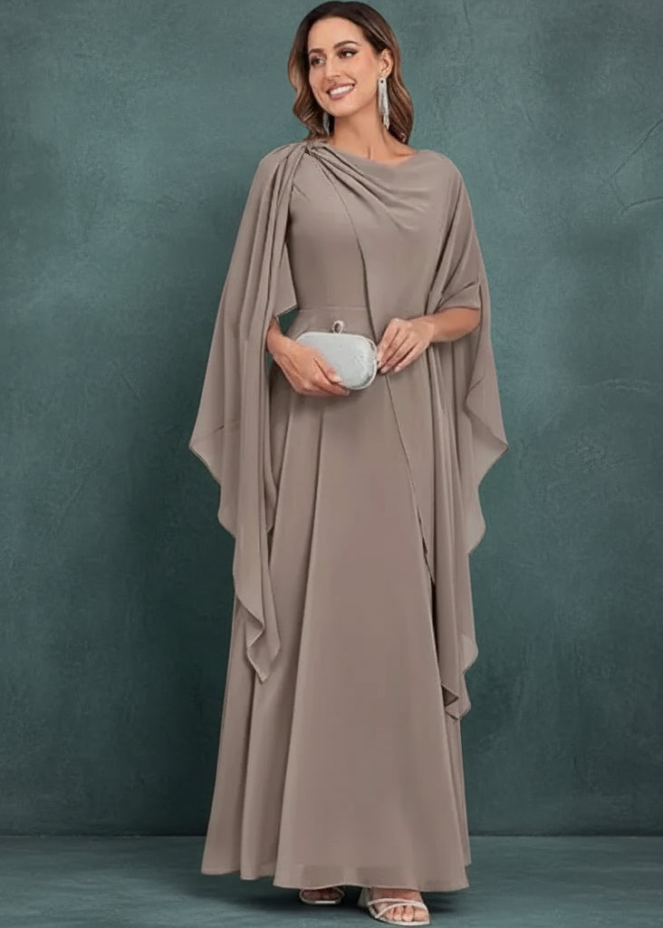 Scoop Neck Mother of The Bride Dresses Cape Shawl Ruffle Long Formal Evening Gowns Chiffon A Line Wedding Guest Bridesmaid Dress