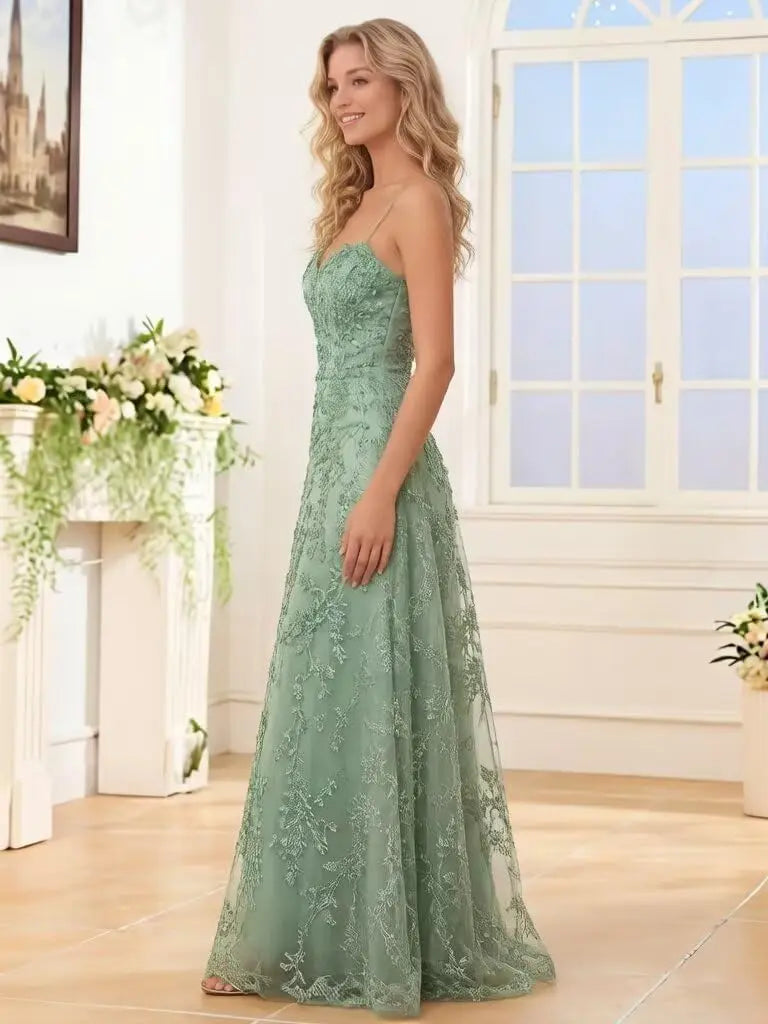 Tulle Formal Dress Laces Spaghetti Strap Sparkly Prom Dress for Women Long Evening Party Gown Formal Dress Women Elegant