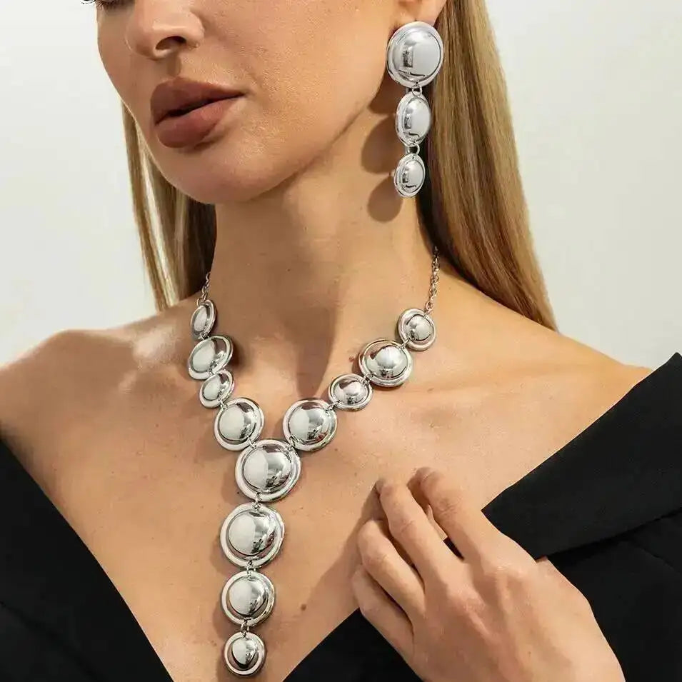 KunJoe Luxury Glossy Round Pendant Necklace Drop Earrings Jewelry Set for Women Elegant Sexy Y-Shaped Long Chain Necklace Gifts