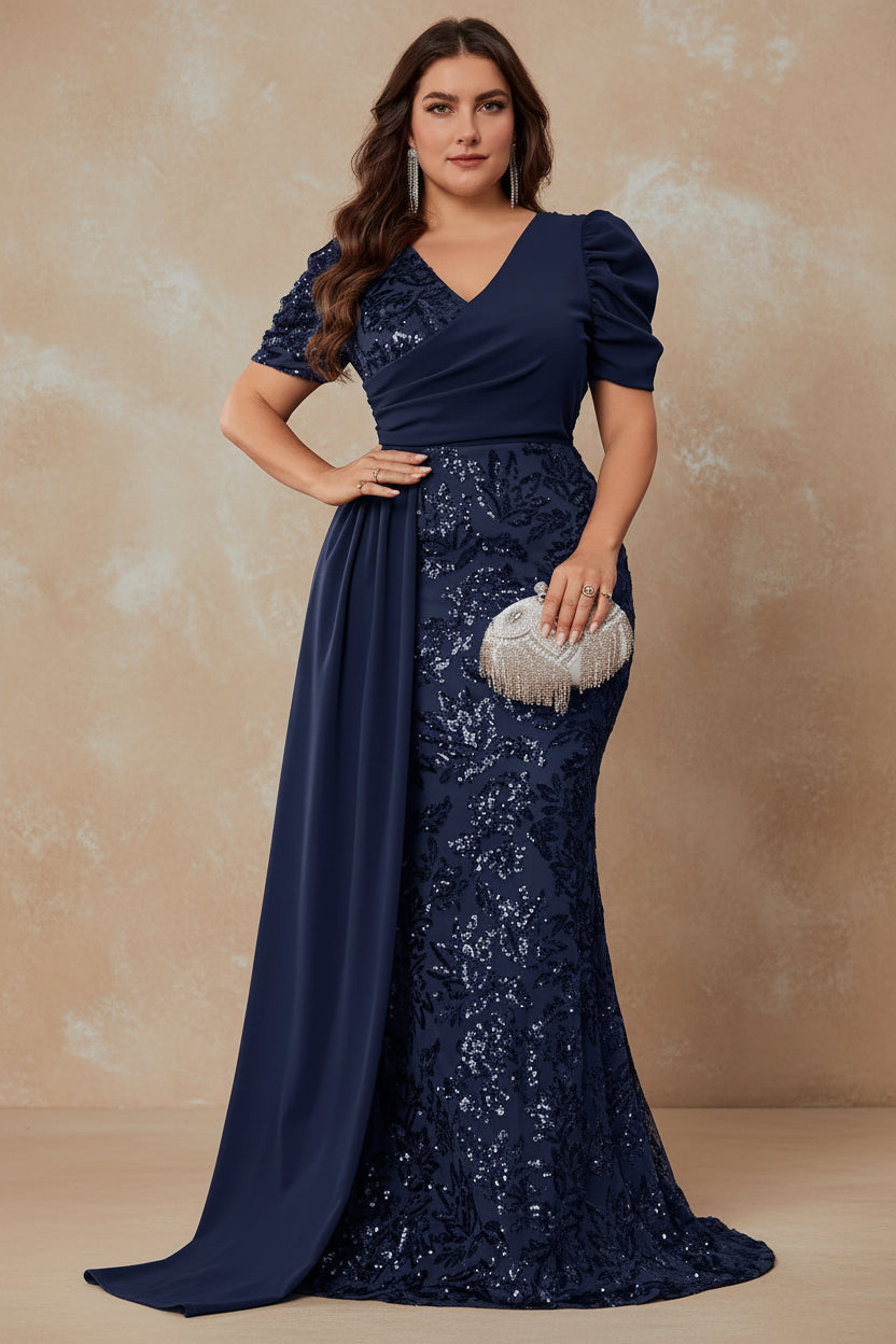 Plus Size Elegant V-neck Sequins Evening Dress Women Short Sleeves Mermaid Formal Luxury Party Streamer Prom Dress
