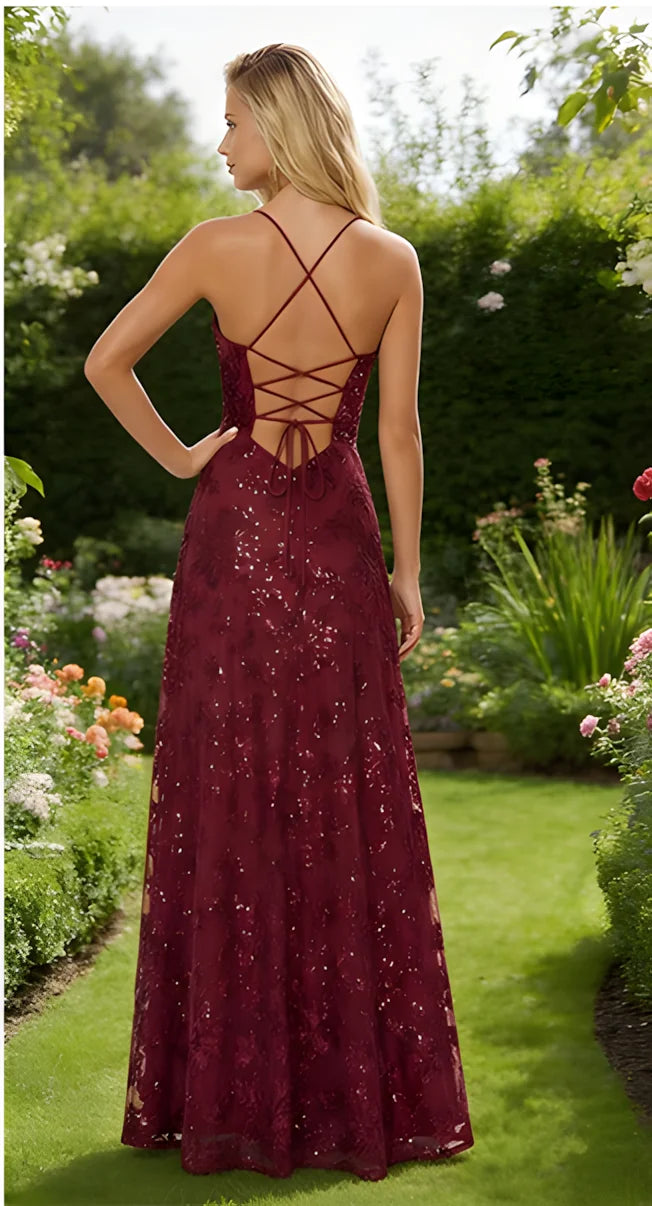 Lace Sequin Backless Spaghetti Strap Long Prom Dresses Women 2026 Sparkly Pleated A Line Formal Evening Ball Gown Party Dresses