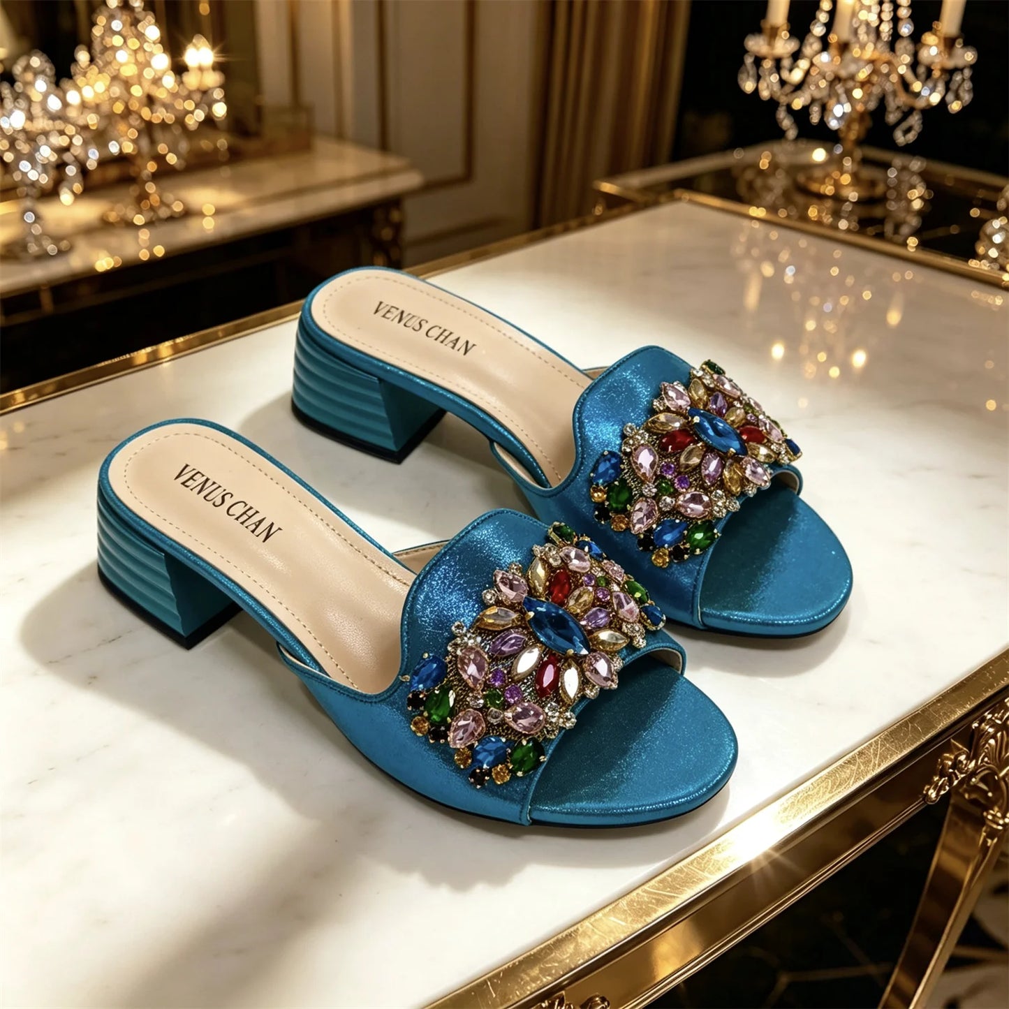 Elegant Women's Designer Mules - Multicolor Rhinestone Open Toe Sandals with Red Heels - Black Satin Slip-On for Weddings