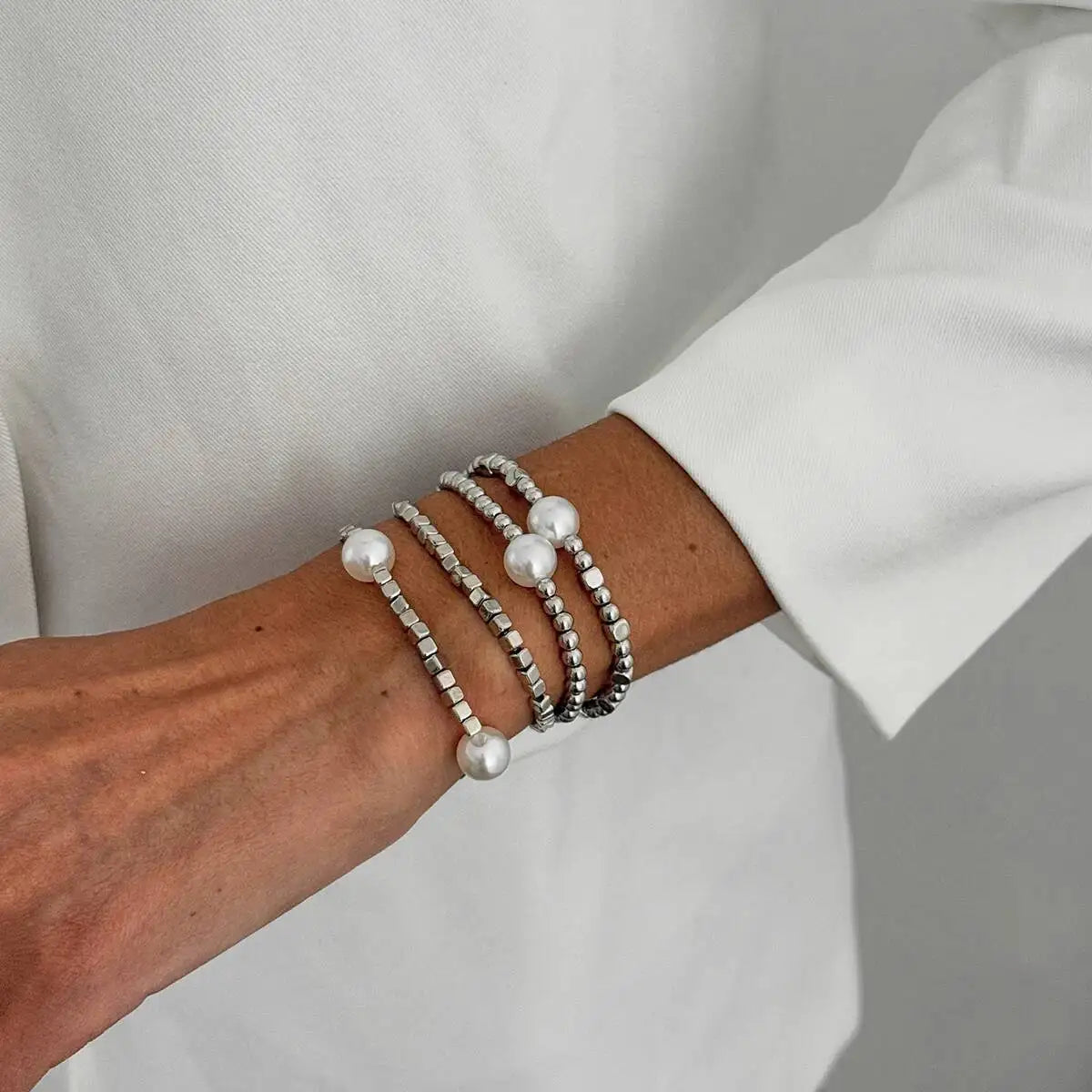 Salircon 4 Pcs/Set Bohemian Imitation Pearl CCB Beaded Bracelets for Women Vintage Handmade Stretch Bangle Couple Trendy Jewelry