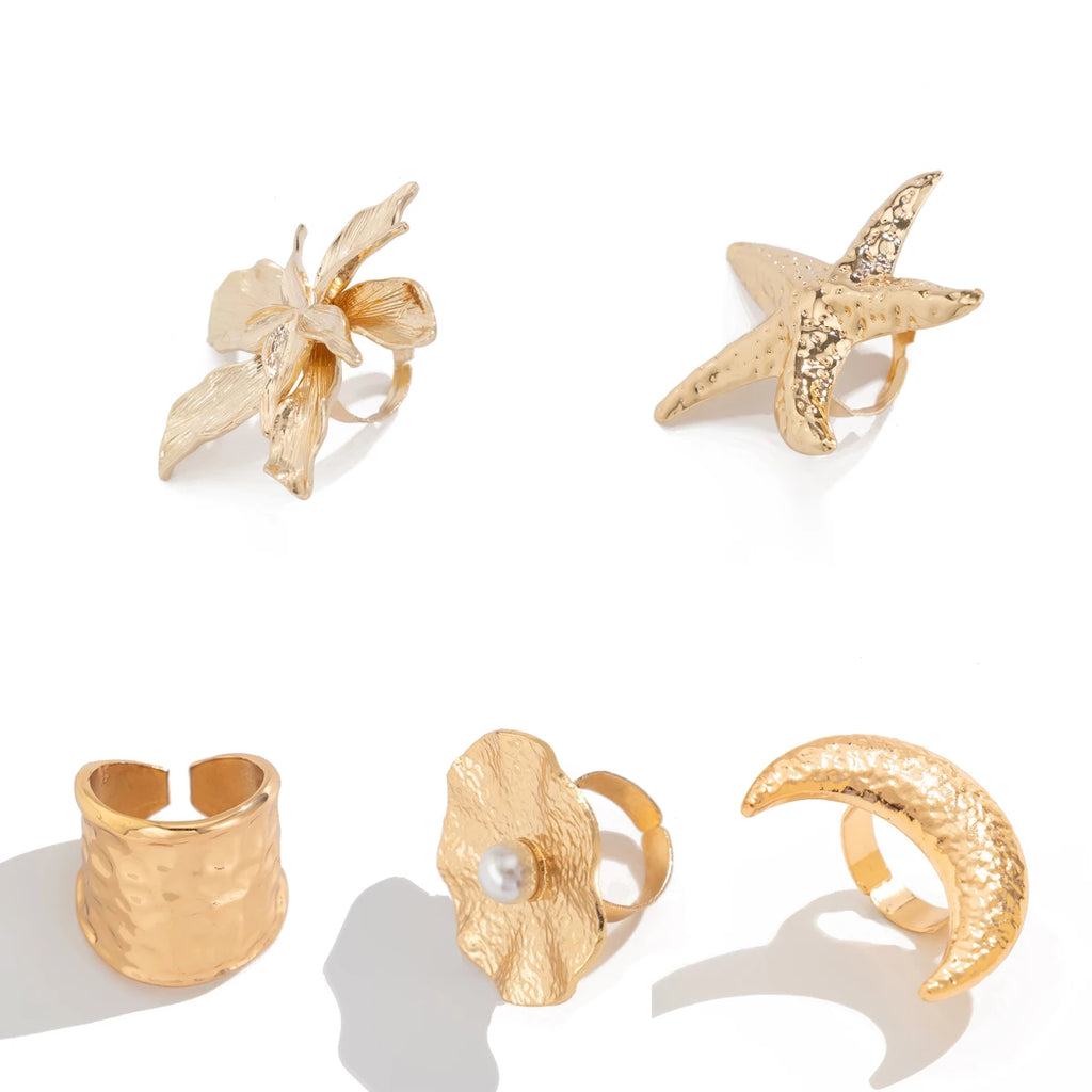 Salircon Exaggerated Vintage Big Starfish Moon Flower Ring for Women Trend Personality Metal Punk Party Finger Ring Jewelry