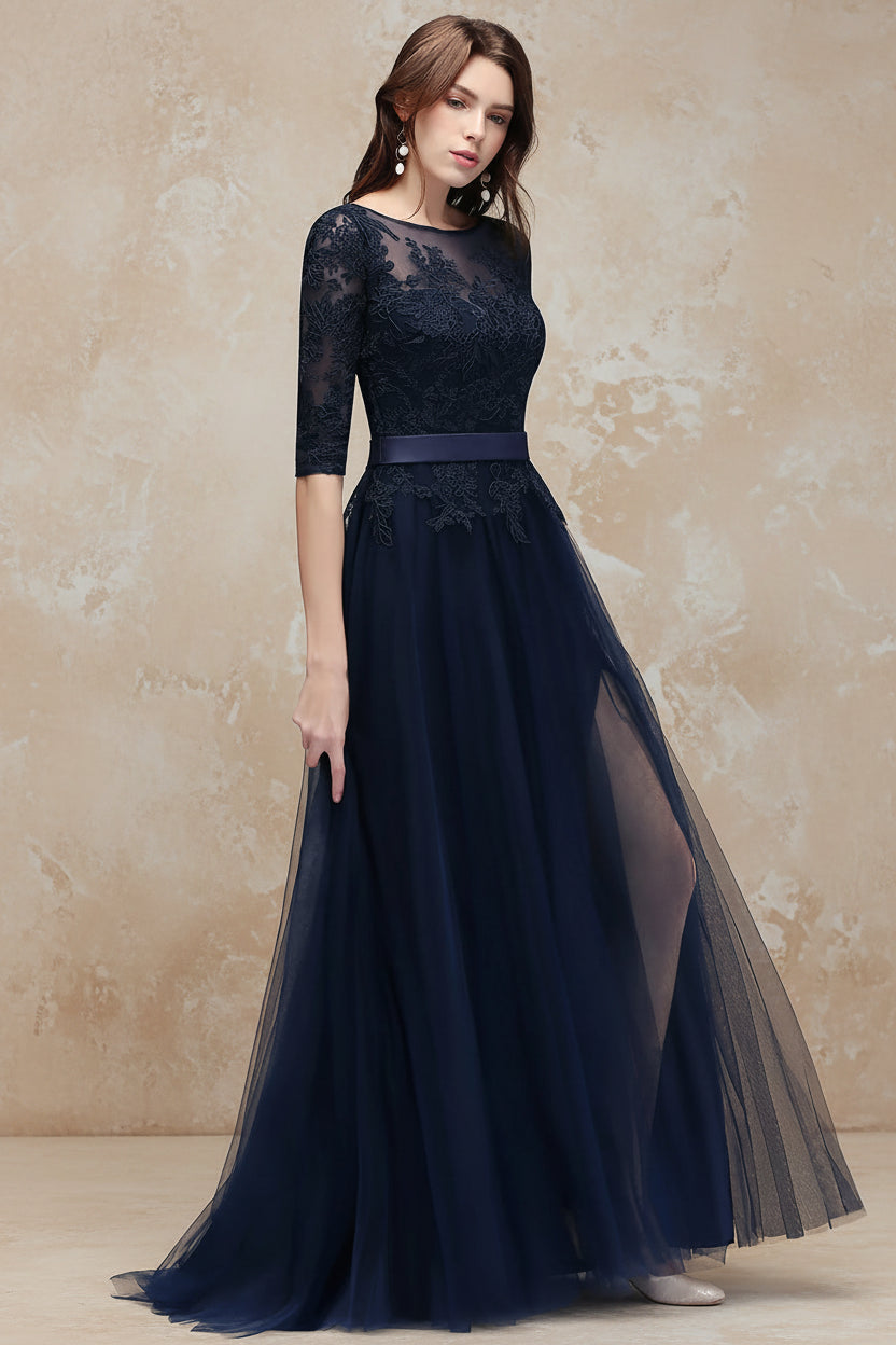 Navy Blue Lace Long Evening Dresses Elegant Half Sleeve Appliques Tulle Formal Party Prom Gown Backless With Belt Robe De Soiree