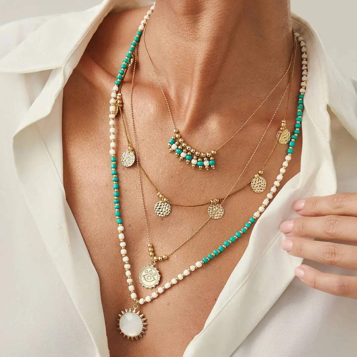 Salircon 2Pcs/set Boho Ethnic Green White Rice Bead Layered Necklace for Women Vintage Sun Metal Eye Pendant Necklace Jewelry
