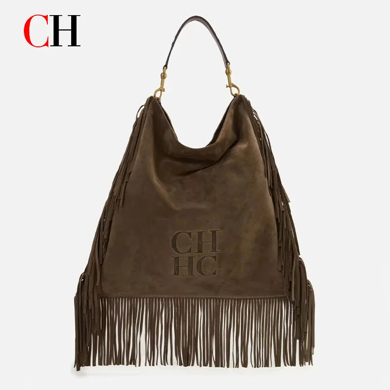 CH Leather Suede Fringe Hobo Bag Brown Large Capacity Tassel Shoulder Bag Retro Western Style Casual Handbag For Women Daily
