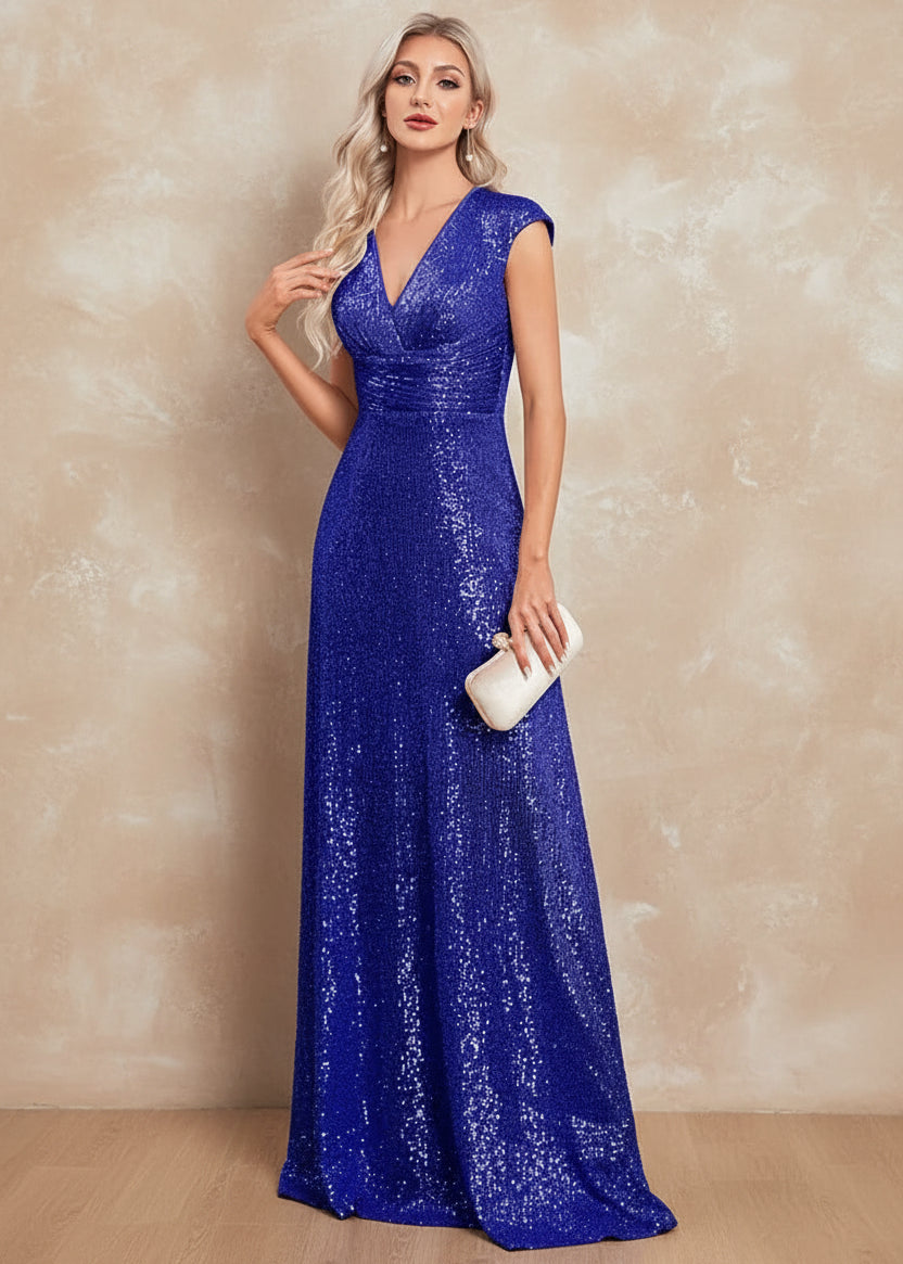 Women Elegant V-neck Mermaid Evening Dress Floor Length Formal Blue Prom Party Gown Sequins Sleeveless Vestidos