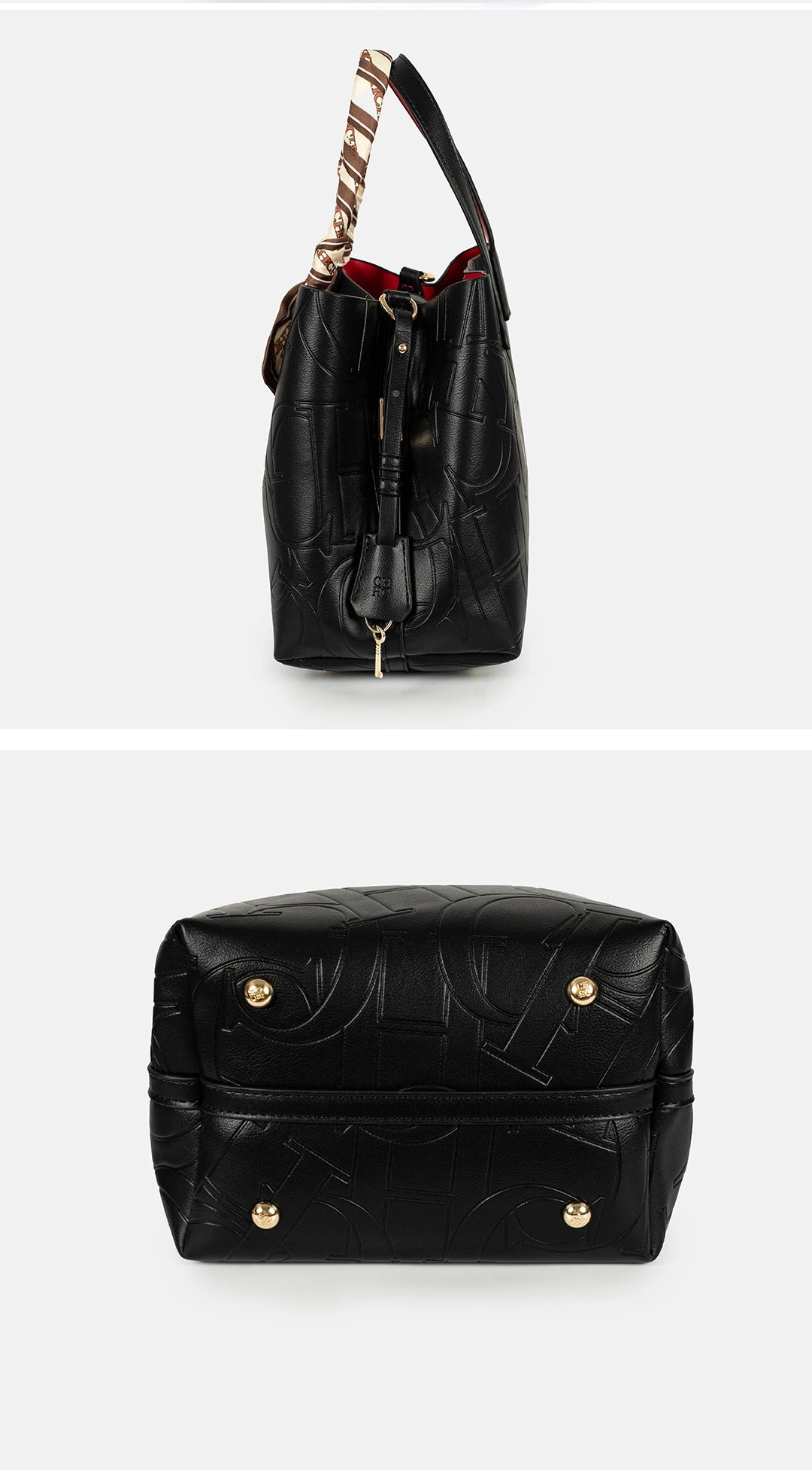 CH Womens Embossed Leather Bucket Bag with Silk Scarf Lock Decor Luxury Designer Handbag Large Capacity Crossbody Tote