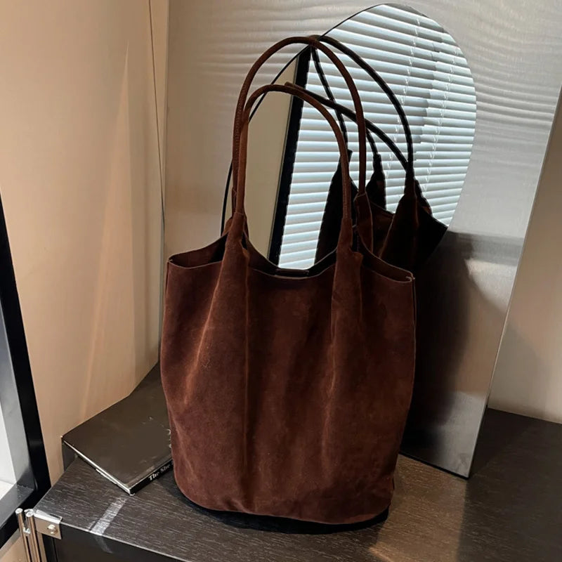 Retro Women's Suede Shoulder Bag New Solid Colors High Capacity Casual Tote Zippered Versatile Sewing Thread for Crafting