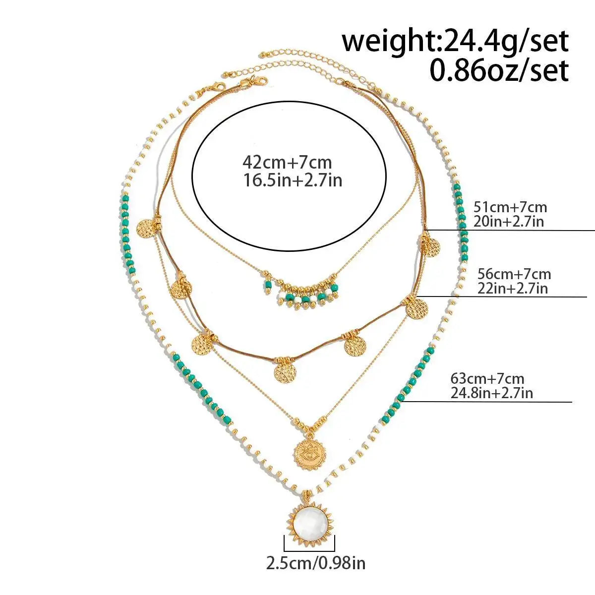Salircon 2Pcs/set Boho Ethnic Green White Rice Bead Layered Necklace for Women Vintage Sun Metal Eye Pendant Necklace Jewelry
