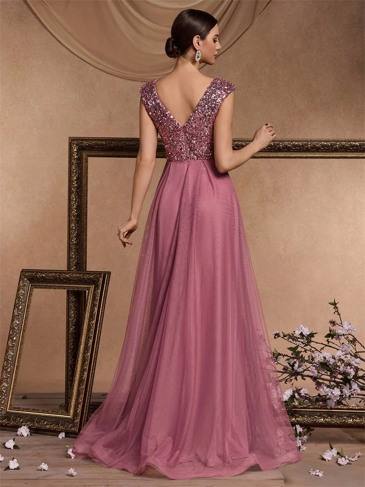 Luxury V-neck Chiffon Pink Evening Dresses