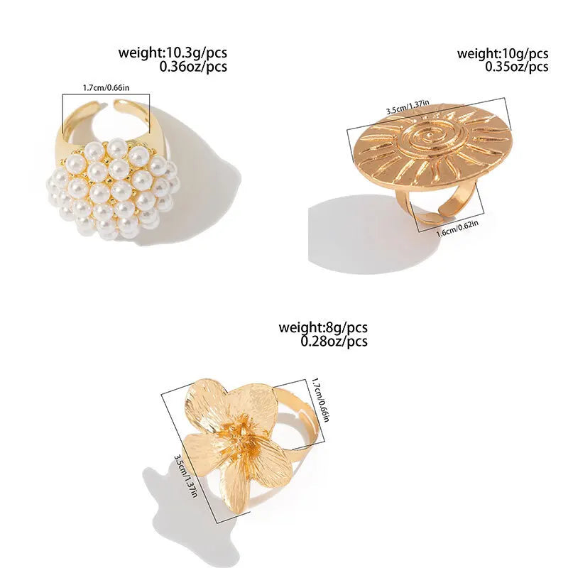Salircon Vintage Ethnic Sun Pattern Flower Petal Rings Women Elegant Small Ball Imitation Pearl Finger Adjustable Ring Jewelry