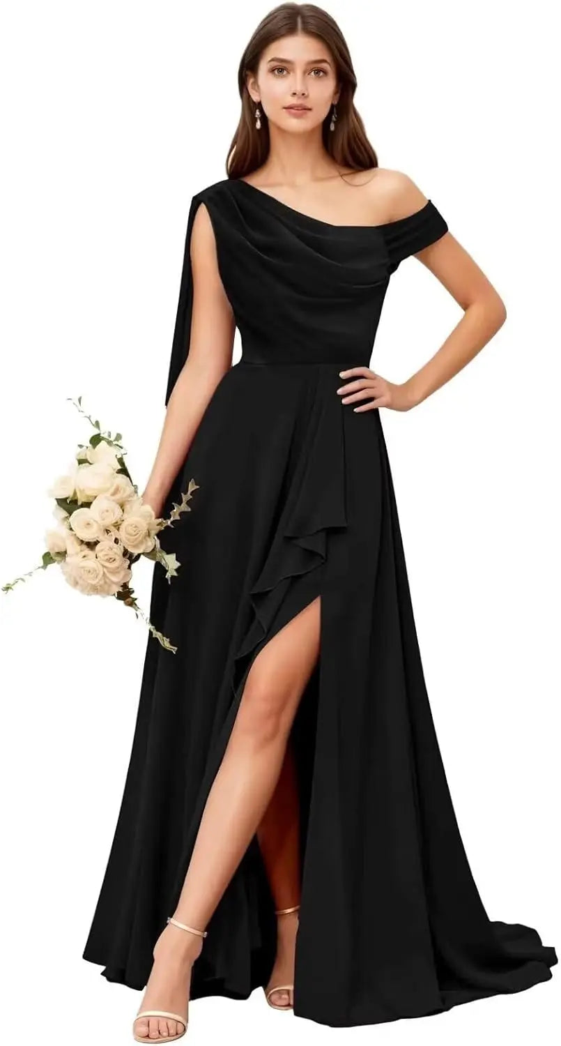 Chiffon One Shoulder Bridesmaid Dresses for Women with Pleated Ruffles A Line Long Formal Dress with Slit