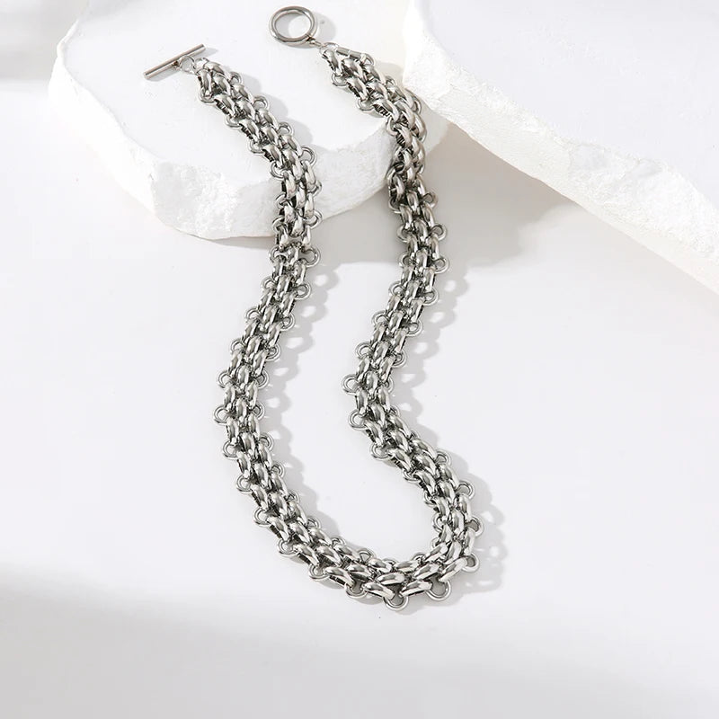 EILIECK 316L Stainless Steel Silver Color Cuban Chain Statement Necklace Bracelet Set Charm Fashion Women Waterproof Jewelry Set