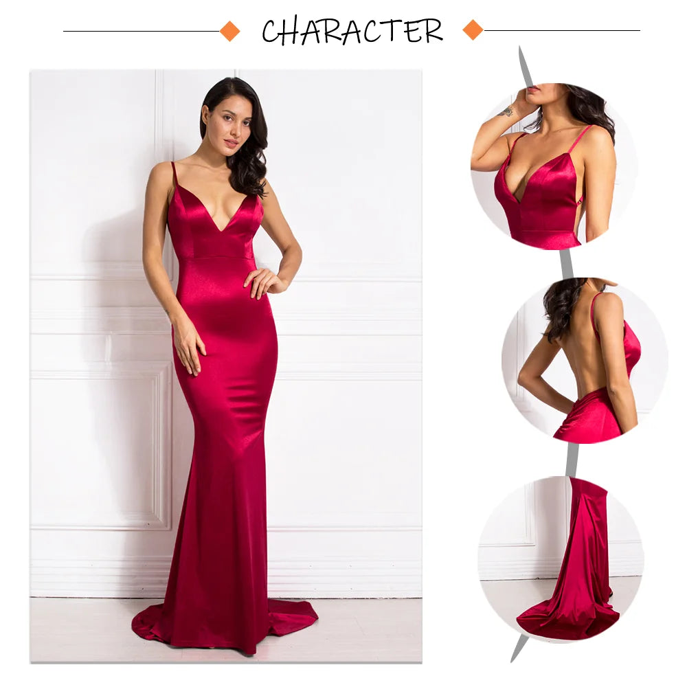 Romagic Burgundy Satin V Neck Evening Gown Bridesmaid Dresses Spaghetti Strap Floor Length Padded Stretchy Wedding Party Dress