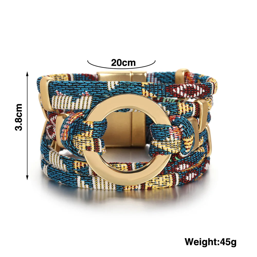 ALLYES Vintage Hollow Round Weave Leather Bracelet for Women Men Ethnic Pattern Multilayer Wrap Wide Bracelets Boho Jewelry