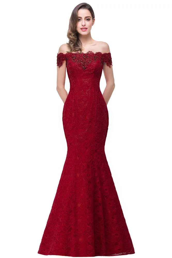 Lace Mermaid Long Bridesmaid Dresses Off The Shoulder Beading Elegant Burgundy Blue Ivory Wedding Formal Party Prom Gown Vestido