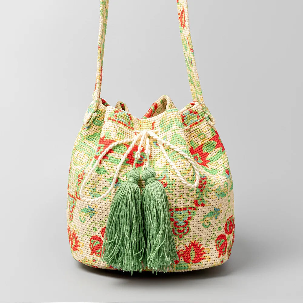 Boho style embroidered bucket bag
