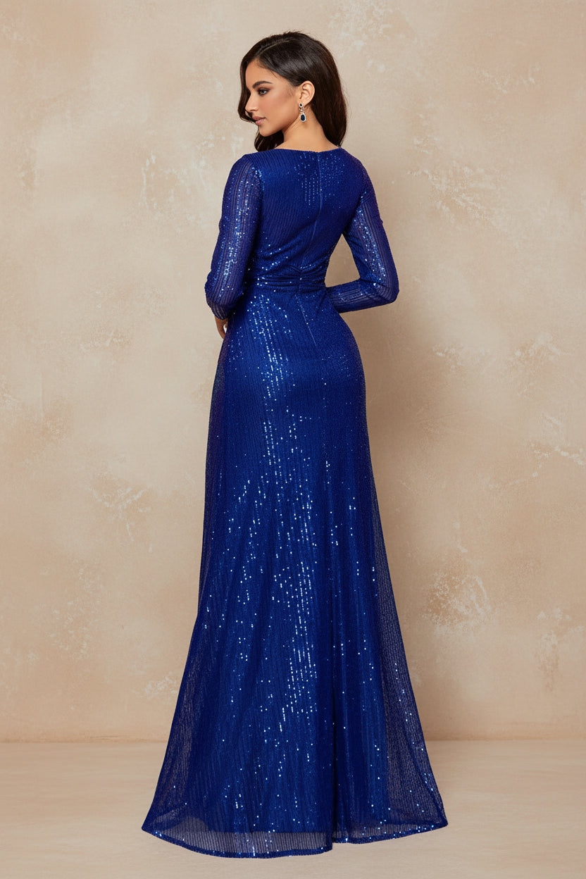 Luxury Blue Evening Dresses Women Elegant 2025 Long Sleeve Mermaid Formal Sequins Prom Wedding Party Cocktail Graduation Gowns