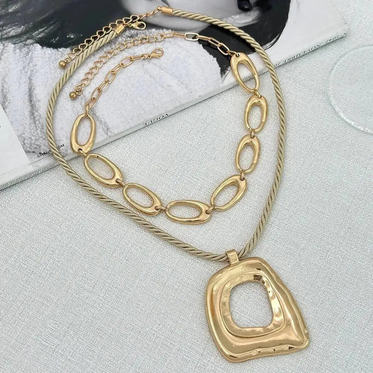 KunJoe New Trendy Hollow Out Square Geometric Pendant Necklace Set for Women Adjustable Rope Chain Choker Necklace Party Jewelry