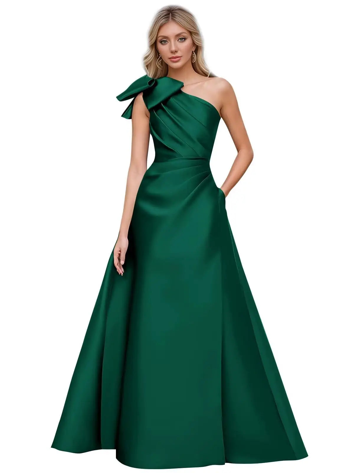 Women’s One Shoulder Prom Dresses Satin Mother of The Bride Dresses A Line Modest Formal Evening Gown with Bow