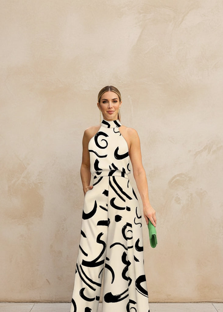 Summer Women's Elegant Waist Halter Jumpsuit Tie Sleeveless Wide Leg Long Pant Bodycon Abstract Print Streetwear Romper Mujer