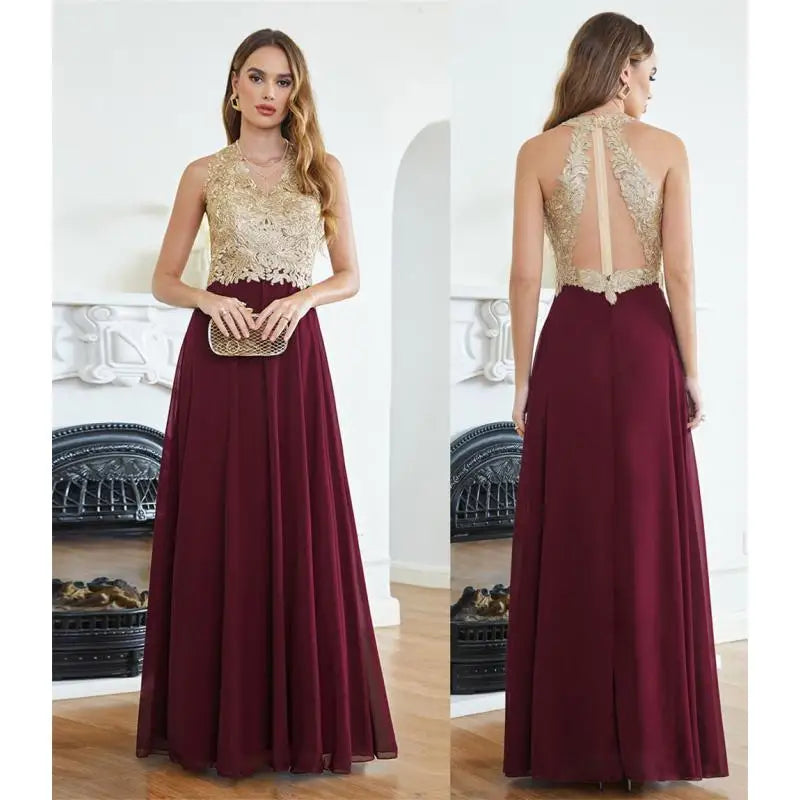 Charming V-Neck Sleelvess Bridesmaid Dress A Line Sparking Gold Appqulies Prom Formal Dresses Chiffon Gown Wedding Party Evening