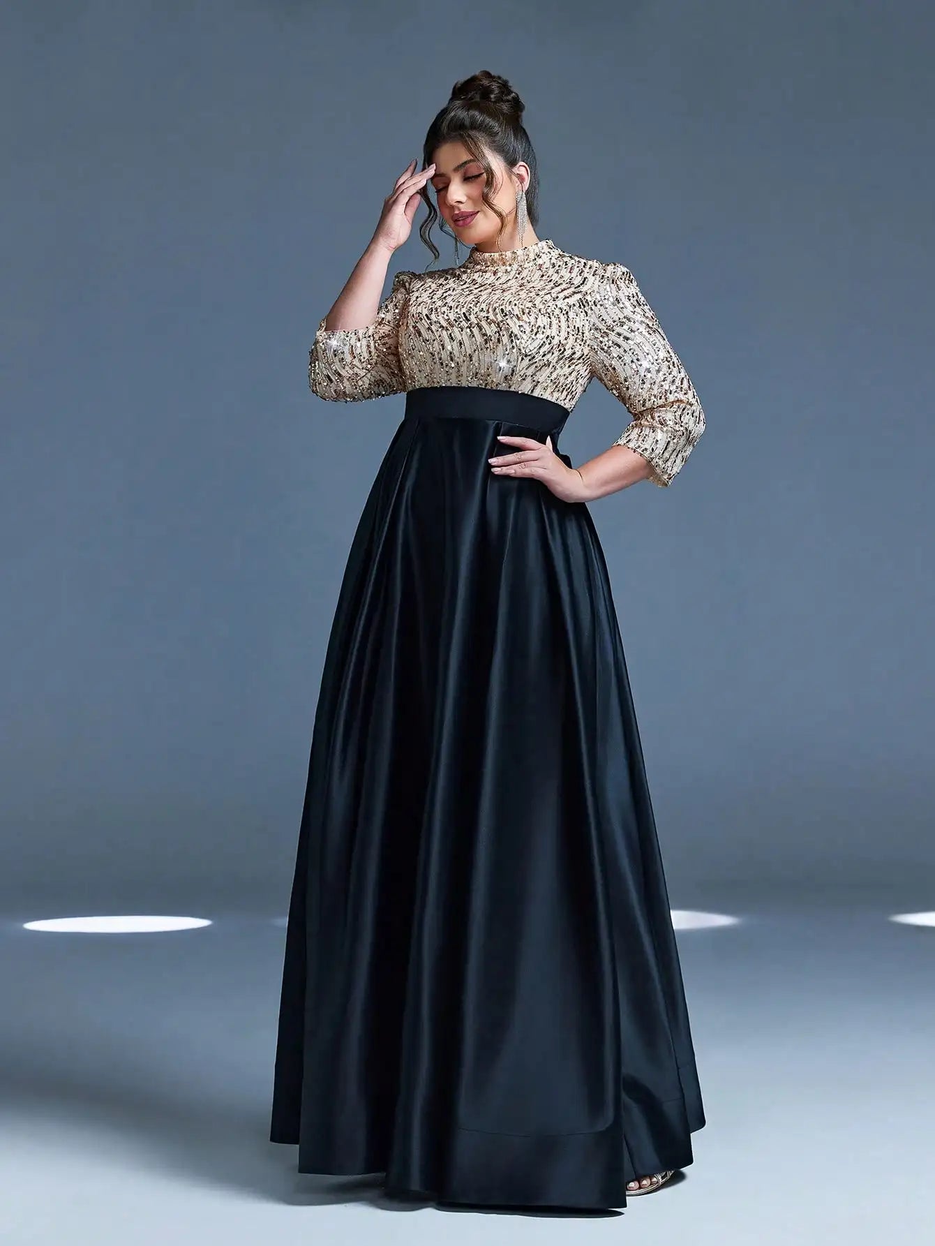 Mgiacy,New Arrival,High neck,Sequin,Elegant,Large size Evening gown dress,Bow,Nine-quarter sleeve,Satin,A-line dress,FOR,Dinner
