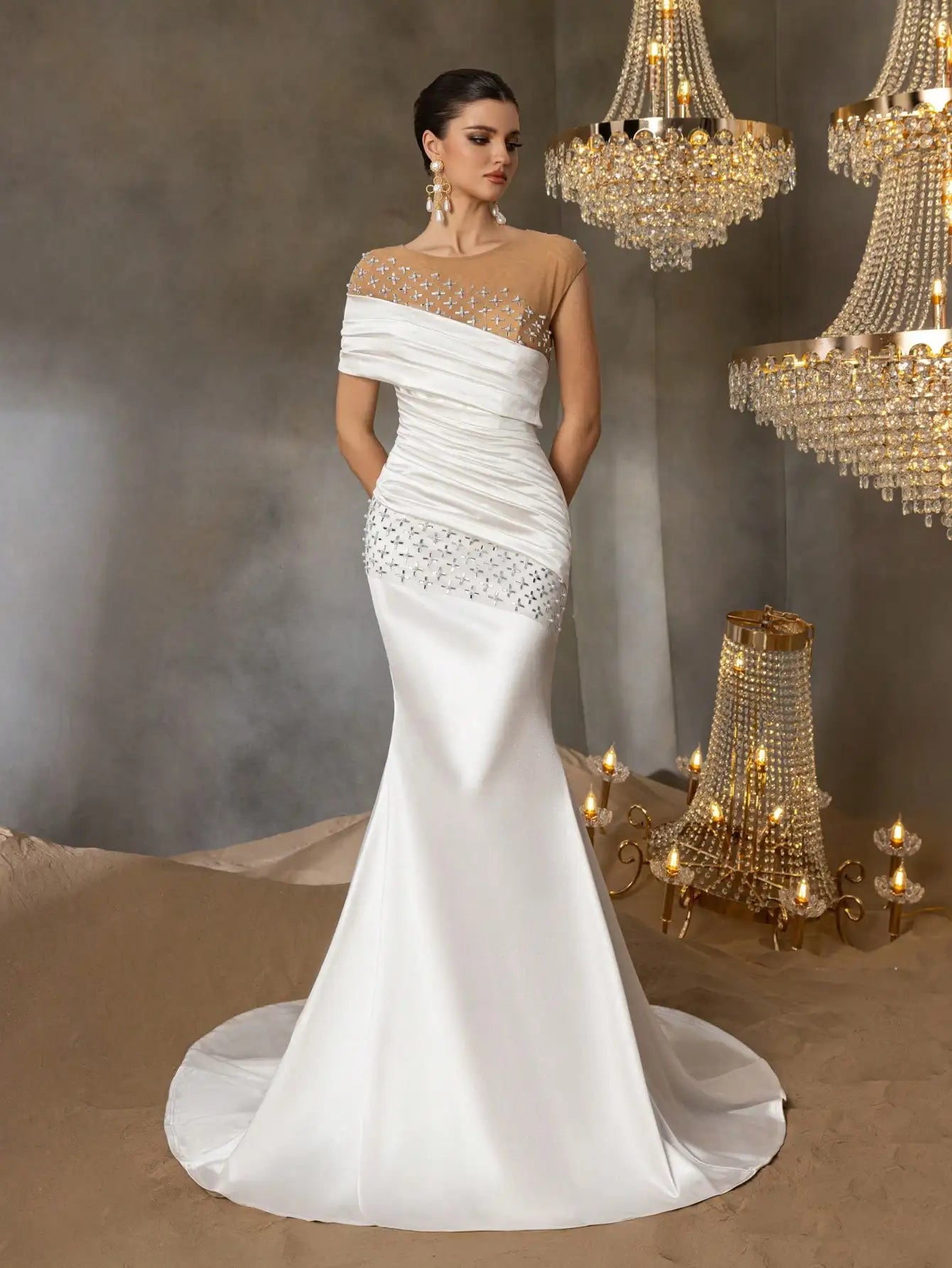 Elegant rhinestone-detailed pleated front panel beaded mesh and satin wedding dress