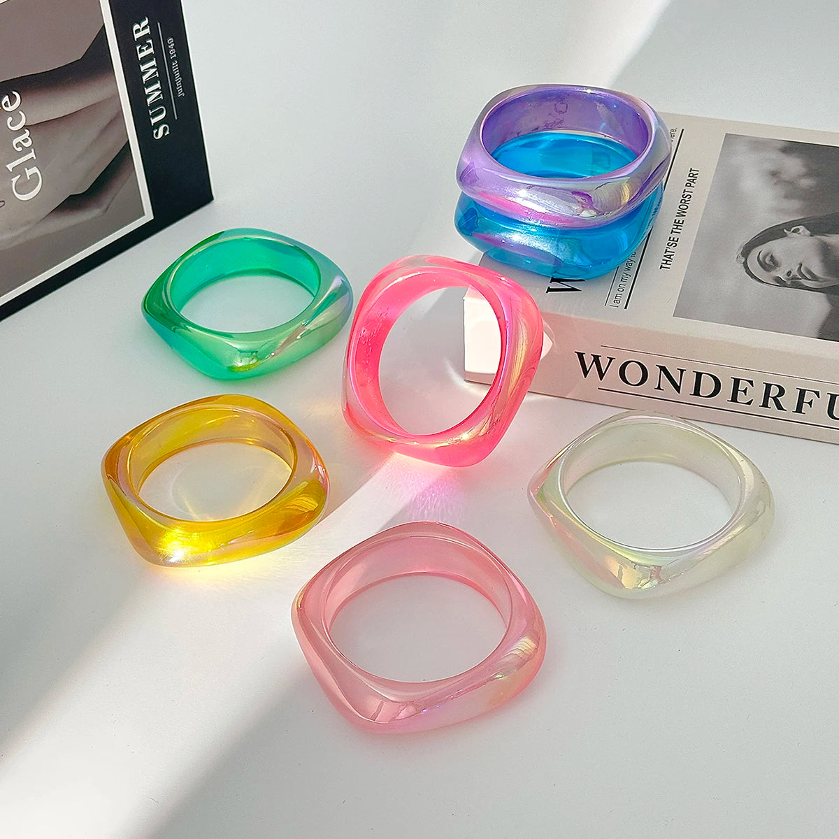 Salircon Fashion 7 Styles Colorful Transparent Resin Irregular Geometric Bangles Women Boho Chunky Wide Bracelets Jewelry Gifts