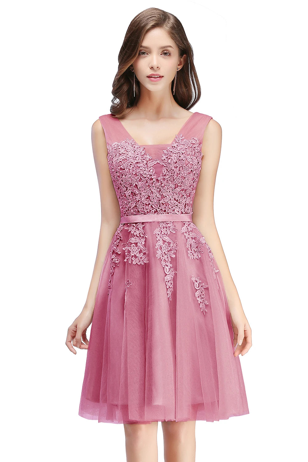 BABYONLINE Burgundy Bridesmaid Dresses with Lace Appliqué, V-Back & Flowy Tulle Skirt for Weddings,Elegant Short Party Dress