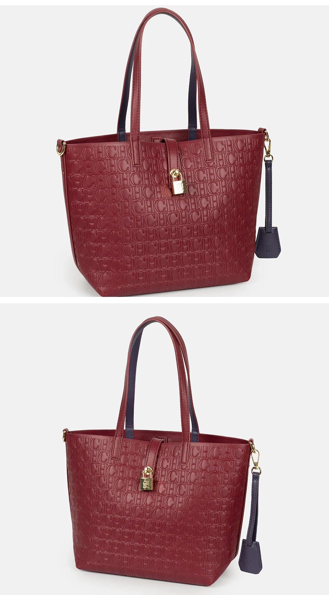 CH Embossed Monogram Tote Handbag Detachable Crossbody Strap Gold Lock Hardware Daily Fashion Women Bag