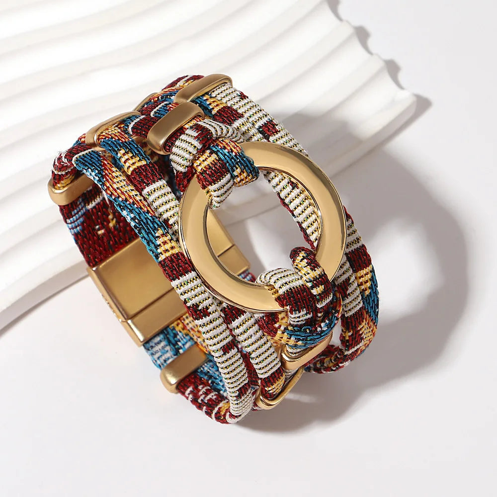 ALLYES Vintage Hollow Round Weave Leather Bracelet for Women Men Ethnic Pattern Multilayer Wrap Wide Bracelets Boho Jewelry