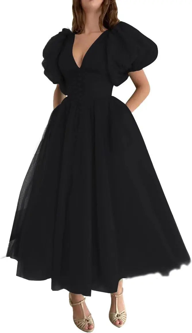 Puffy Sleeve Prom Dresses for Women Dotted Tulle V Neck Formal Evening Party Gowns Tea Length Formal Dress Women Elegant