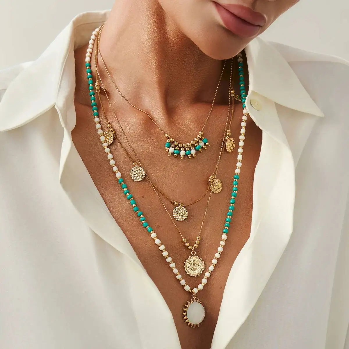 Salircon 2Pcs/set Boho Ethnic Green White Rice Bead Layered Necklace for Women Vintage Sun Metal Eye Pendant Necklace Jewelry