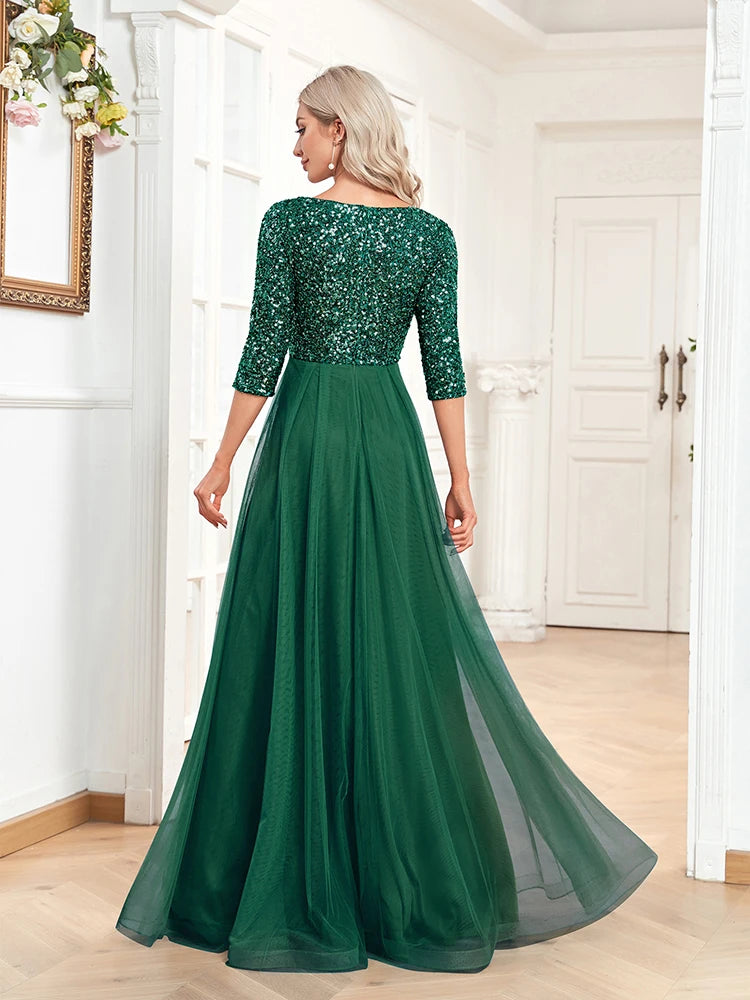 Luxury Green Floor Length V-Neck Evening Dress 2025 Women Elegant Party Maxi Dress Sequin Short Sleeves Prom Cocktail Gowns