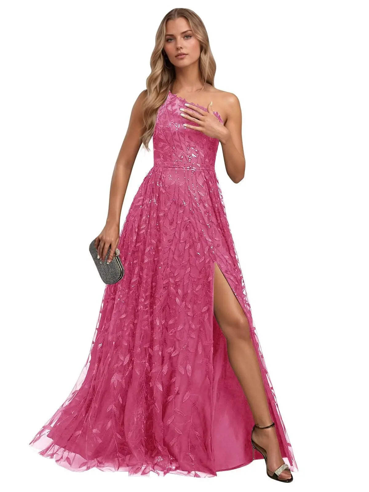 Lace Embroidered sequins Prom Dresses for Women One Shoulder Formal Party Dress Sleeveless Maxi Evening Gown with Slit