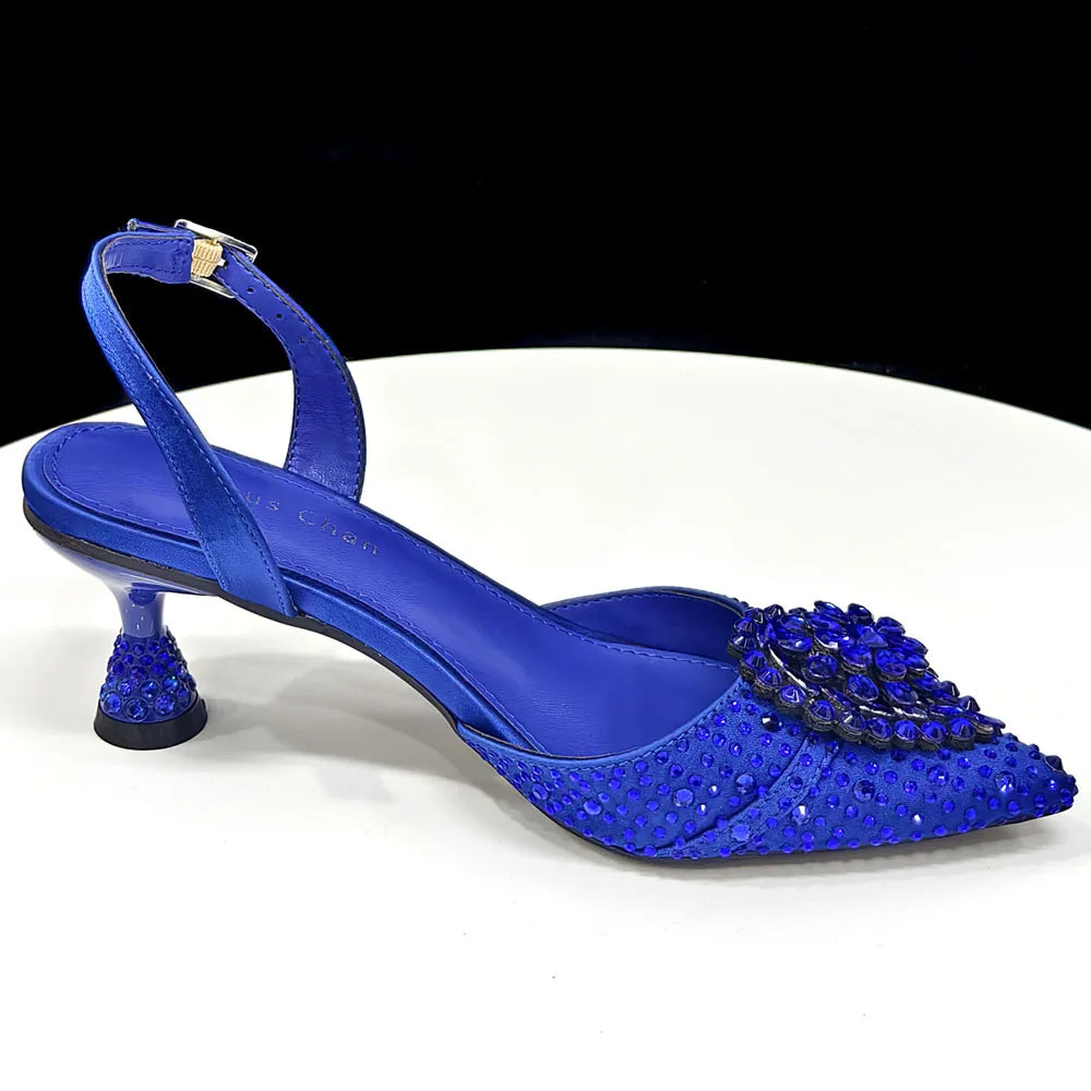 Venus Chan Blue Color Rhinestone Comfortable high heel shoe And Bag Fashion Style Pointed-Toe Shoes For Women Or Commuting Shoes