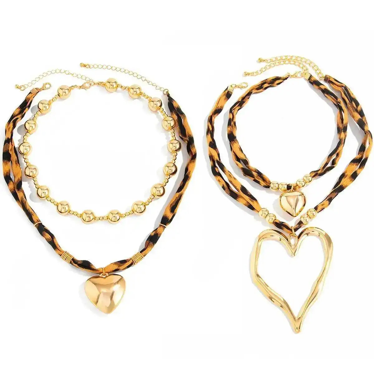 KunJoe 2Pcs/Set Retro Leopard Print Cotton Rope Chain Choker Necklace for Women Punk Big Heart Pendant Necklace Fashion Jewelry