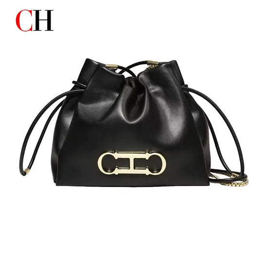 Elegant Drawstring Bucket Bag 2026 Shoulder Handbag with Gold CH Logo Versatile Chain Strap Crossbody Purse for Ladies