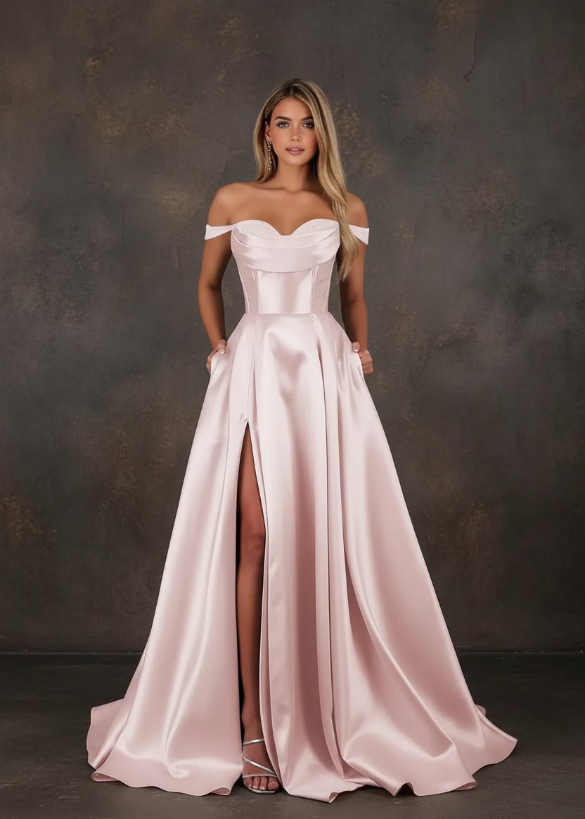 Satin Prom Dress for Women Off The Shoulder Formal Evening Dresses with Slit Sweetheart Ball Gown