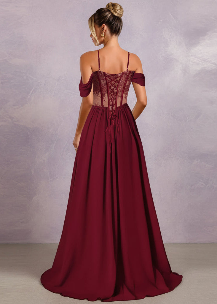 Off Shoulder Lace Applique Prom Dress