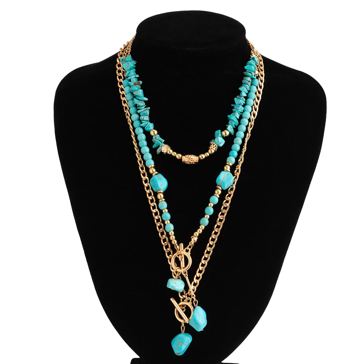 KunJoe 3Pcs Vintage Blue Natural Stone Beads Choker Necklaces for Women Bohemia Geometry Pendant Necklace Trendy Neck Jewelry