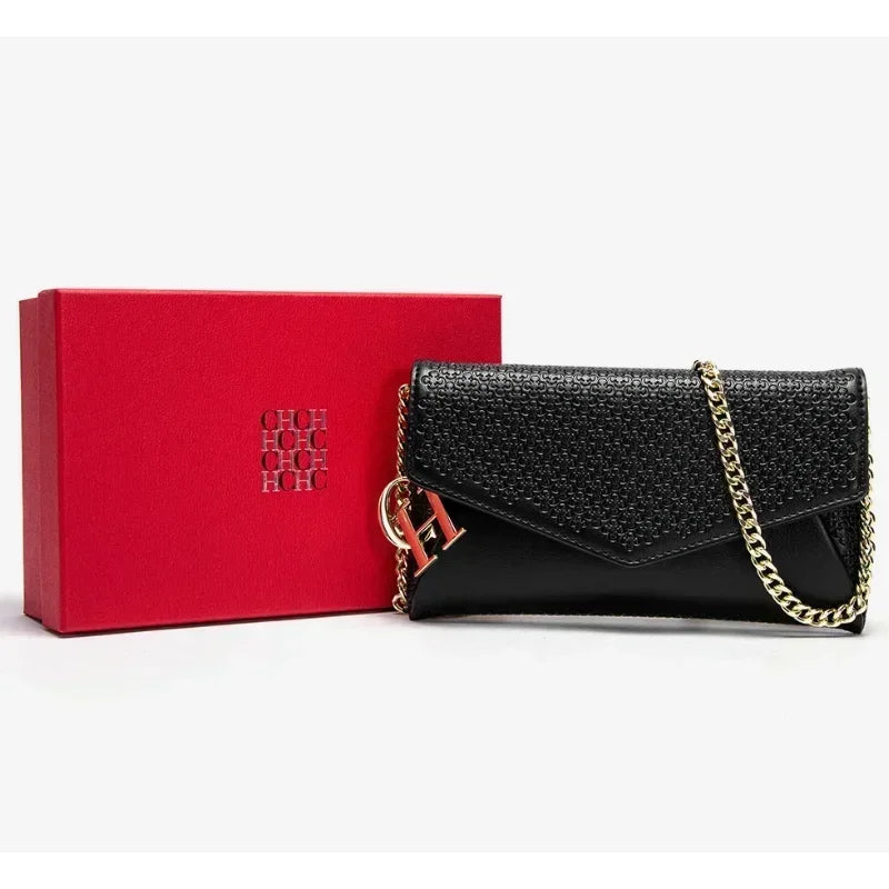 CH Women's Crossbody Bag Stylish Textured Leather Clutch Gold Chain Logo Detail Evening Party Purse Must Have Hot Sale