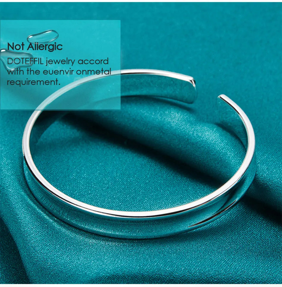 DOTEFFIL 925 Sterling Silver Smooth 8mm Adjustable Bangle Bracelet For Woman Man Fashion Wedding Engagement Party Jewelry