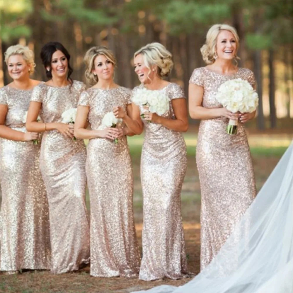 Women Bridesmaid Dresses Formal Wedding Party Guest Gown Mermaid  Sequins Short Sleeves O Neck Backless Rose Gold Champagne
