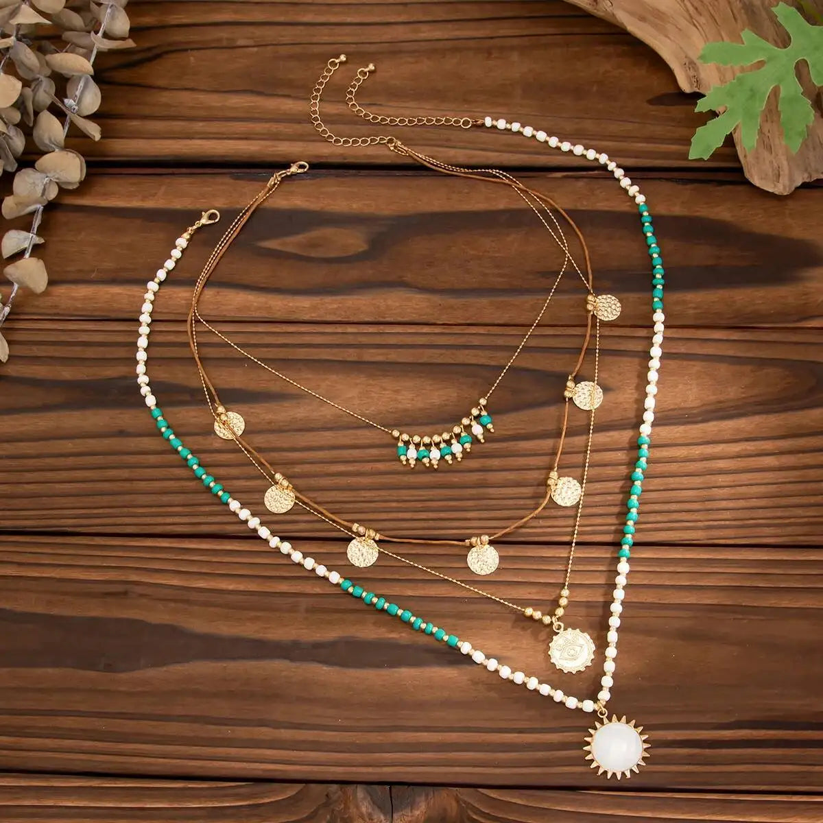 Salircon 2Pcs/set Boho Ethnic Green White Rice Bead Layered Necklace for Women Vintage Sun Metal Eye Pendant Necklace Jewelry